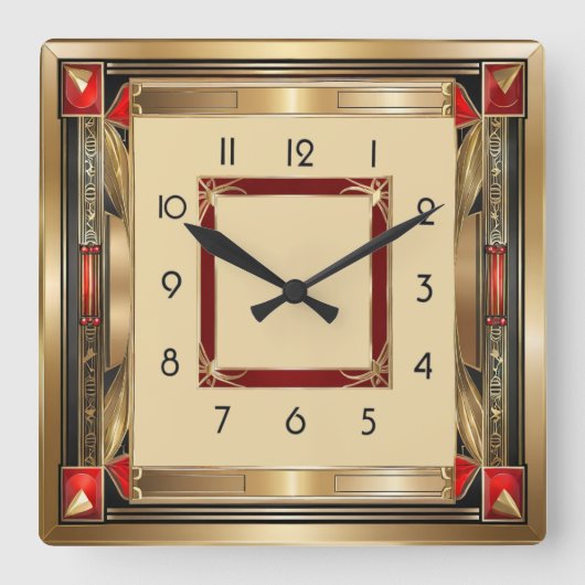 Art Deco elegant red and gold スクエア壁時計 (正面)