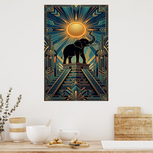 Art Deco Elephant Pyramid Golden Sunset ポスター (キッチン)