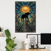 Art Deco Elephant Pyramid Golden Sunset ポスター (ホームオフィス)