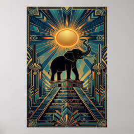 Art Deco Elephant Pyramid Golden Sunset ポスター