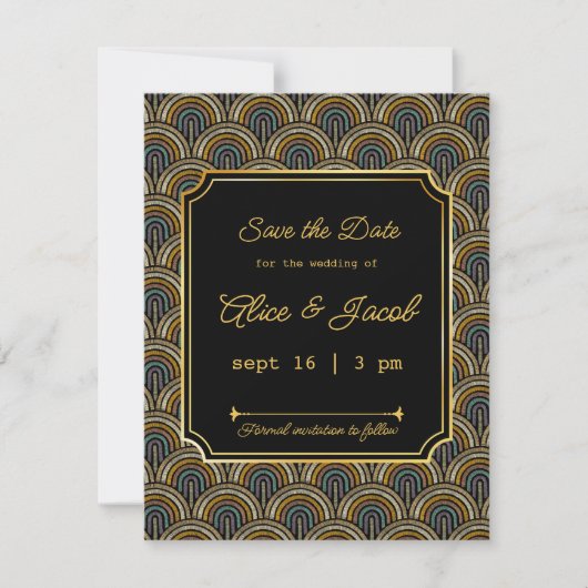 Art Deco Embroidered-Style Save the Date Wedding 招待状 (正面)