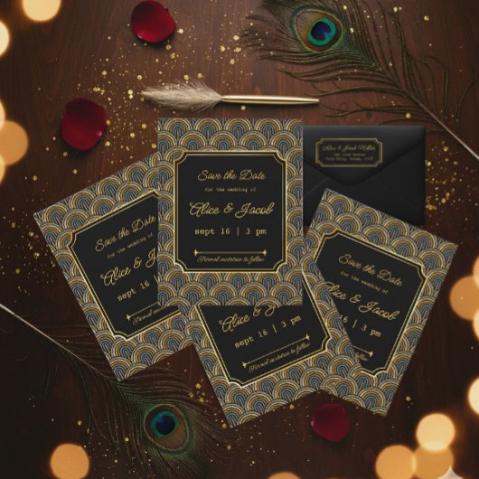 Art Deco Embroidered-Style Save the Date Wedding 招待状