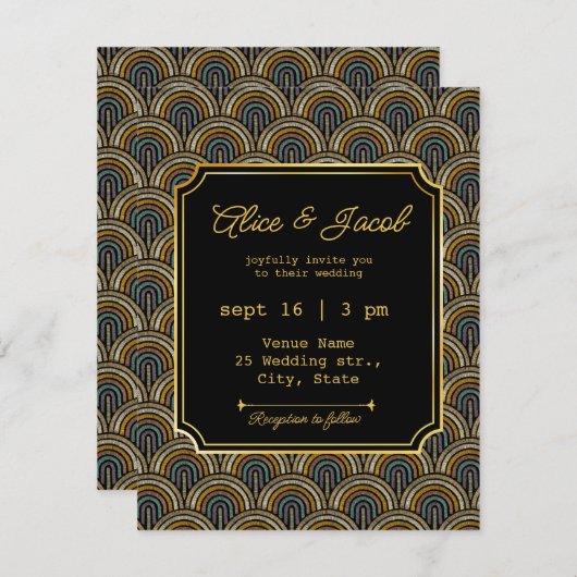 Art Deco Embroidered-Style Wedding Invitation 招待状 (正面/裏面)