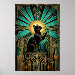 Art Deco Emerald Halo Emerald Throne Cat ポスター