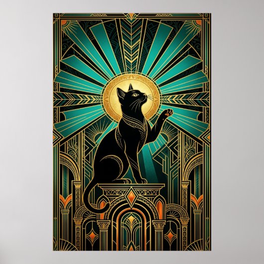 Art Deco Emerald Halo Emerald Throne Cat ポスター (正面)