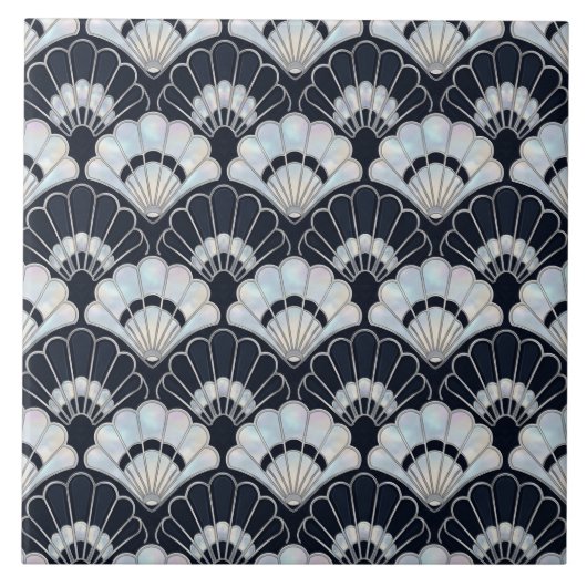 Art Deco Fan Pattern Navy Blue Pearl Silver タイル (正面)