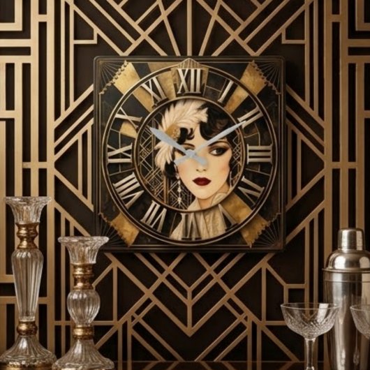 Art Deco Feathered Portrait スクエア壁時計