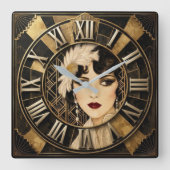 Art Deco Feathered Portrait スクエア壁時計 (正面)