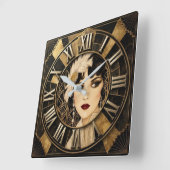 Art Deco Feathered Portrait スクエア壁時計 (傾斜)