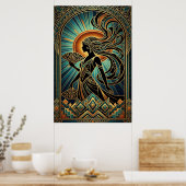 Art Deco Flapper Woman Portrait Gold Teal Poster ポスター (キッチン)