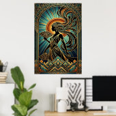 Art Deco Flapper Woman Portrait Gold Teal Poster ポスター (ホームオフィス)