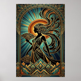 Art Deco Flapper Woman Portrait Gold Teal Poster ポスター