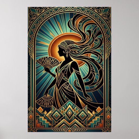 Art Deco Flapper Woman Portrait Gold Teal Poster ポスター (正面)