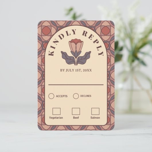 Art Deco Floral RSVP Card with Meal Choice QR (スタンド正面)