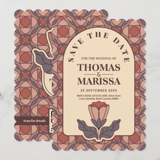 Art Deco Floral Save the Date QR Code Retro (正面/裏面)