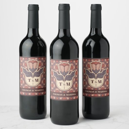 Art Deco Floral Stained Glass Wedding Wine Label ワインラベル (ボトル)