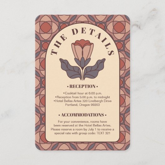 Art Deco Floral Wedding Details Card QR Code エンクロージャーカード (正面)