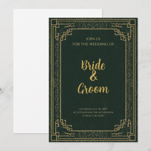 Art Deco Forest Green Gold 招待状 (正面/裏面)