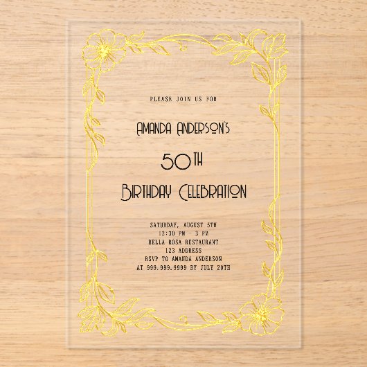 Art Deco Gatsby gold birthday clear アクリル招待状 (正面)