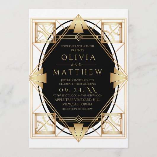 Art Deco Gatsby Gold Geometric Wedding 招待状 (正面)