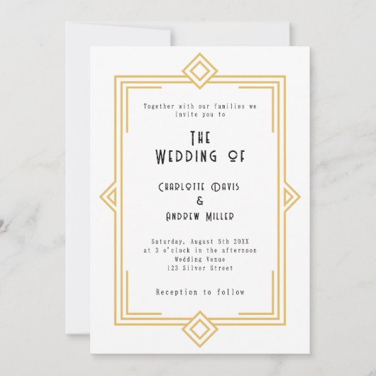 Art Deco Gatsby white gold wedding 招待状 (正面)