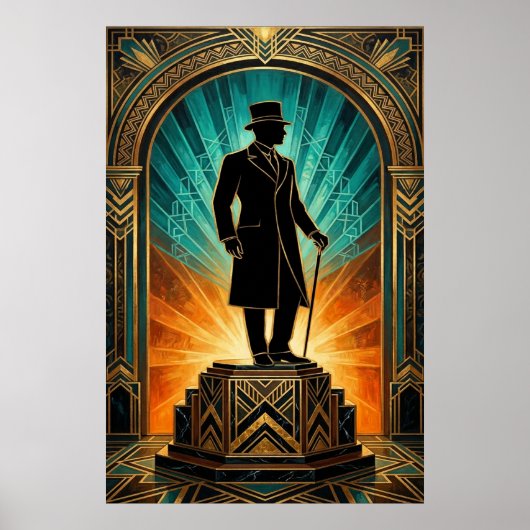 Art Deco Gentleman Silhouette Top Hat Cane Poster ポスター (正面)