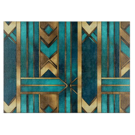 Art Deco Geometric Arrows, Gold and Turquoise カッティングボード (正面)