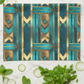 Art Deco Geometric Arrows, Gold and Turquoise キッチンタオル (折り畳み)