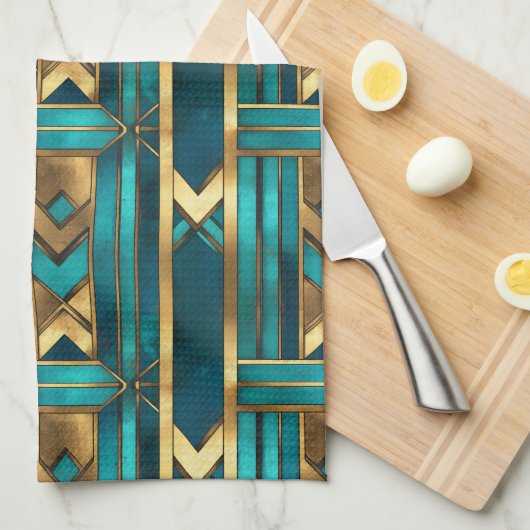 Art Deco Geometric Arrows, Gold and Turquoise キッチンタオル (四つ折り)