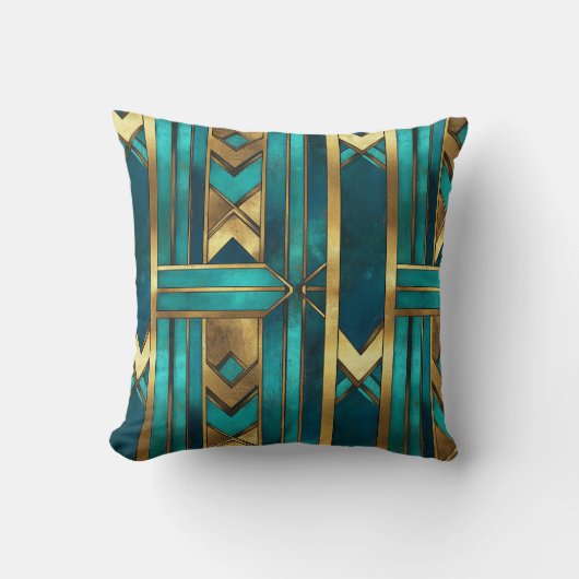 Art Deco Geometric Arrows, Gold and Turquoise クッション (正面)