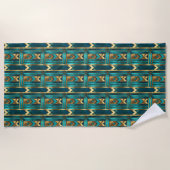 Art Deco Geometric Arrows, Gold and Turquoise ビーチタオル (正面)