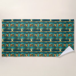 Art Deco Geometric Arrows, Gold and Turquoise ビーチタオル