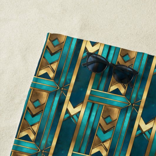 Art Deco Geometric Arrows, Gold and Turquoise ビーチタオル (インサイチュ)