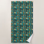 Art Deco Geometric Arrows, Gold and Turquoise ビーチタオル (正面)