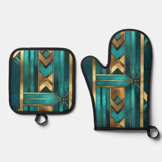Art Deco Geometric Arrows, Gold and Turquoise 鍋つかみ&鍋敷きセット (正面)