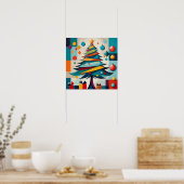 Art Deco Geometric Joyful Christmas Tree with Gift ポスター (キッチン)