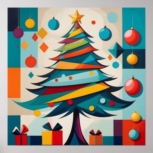 Art Deco Geometric Joyful Christmas Tree with Gift ポスター (正面)