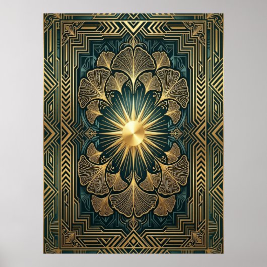 Art Deco Ginkgo Leaf Sunburst Poster | Gold Teal  ポスター (正面)