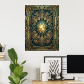 Art Deco Ginkgo Leaf Sunburst Poster | Gold Teal  ポスター (ホームオフィス)