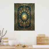 Art Deco Ginkgo Leaf Sunburst Poster | Gold Teal  ポスター (キッチン)
