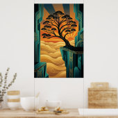 Art Deco Ginkgo Tree Ocean Cliff Gold Teal Poster ポスター (キッチン)