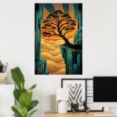 Art Deco Ginkgo Tree Ocean Cliff Gold Teal Poster ポスター (ホームオフィス)