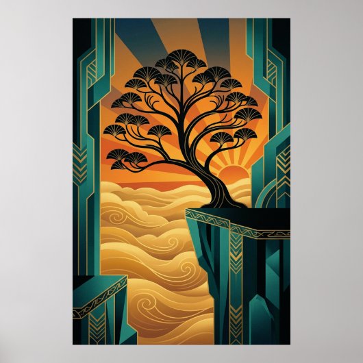 Art Deco Ginkgo Tree Ocean Cliff Gold Teal Poster ポスター (正面)