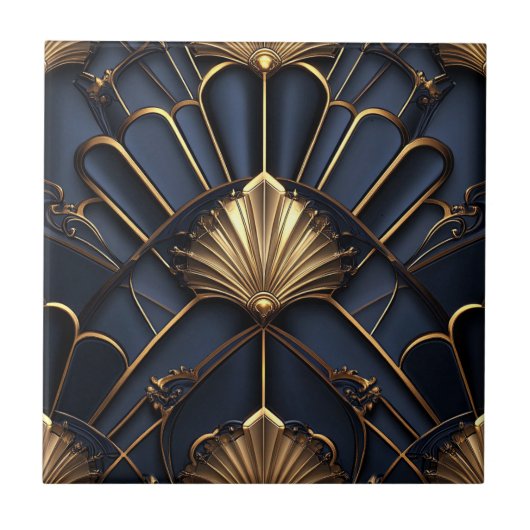 Art Deco Gold and Blue Vintage タイル (正面)