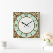 Art Deco Gold and Mint スクエア壁時計 (ホーム)