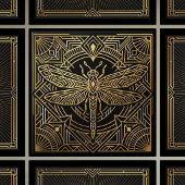 Art Deco Gold Dragonfly Black Geometric Design タイル