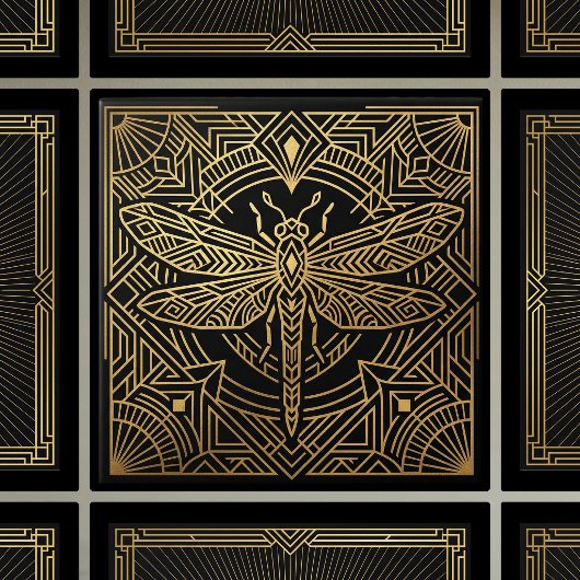 Art Deco Gold Dragonfly Black Geometric Design タイル