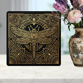Art Deco Gold Dragonfly Black Geometric Design タイル