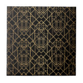 Art Deco Gold Geometric Pattern on Black タイル (正面)