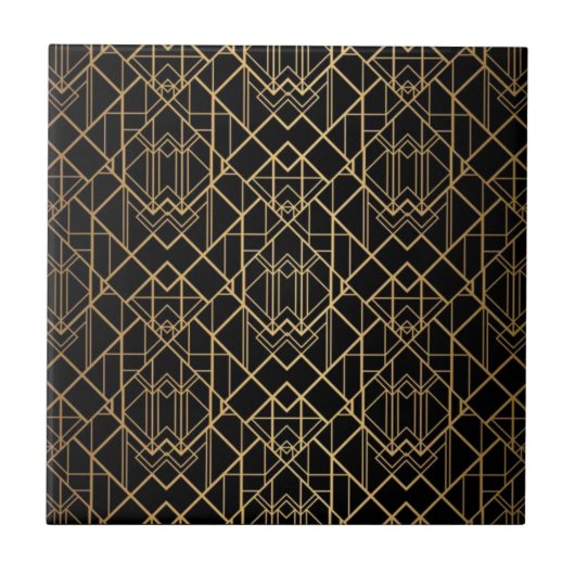 Art Deco Gold Geometric Pattern on Black タイル (正面)